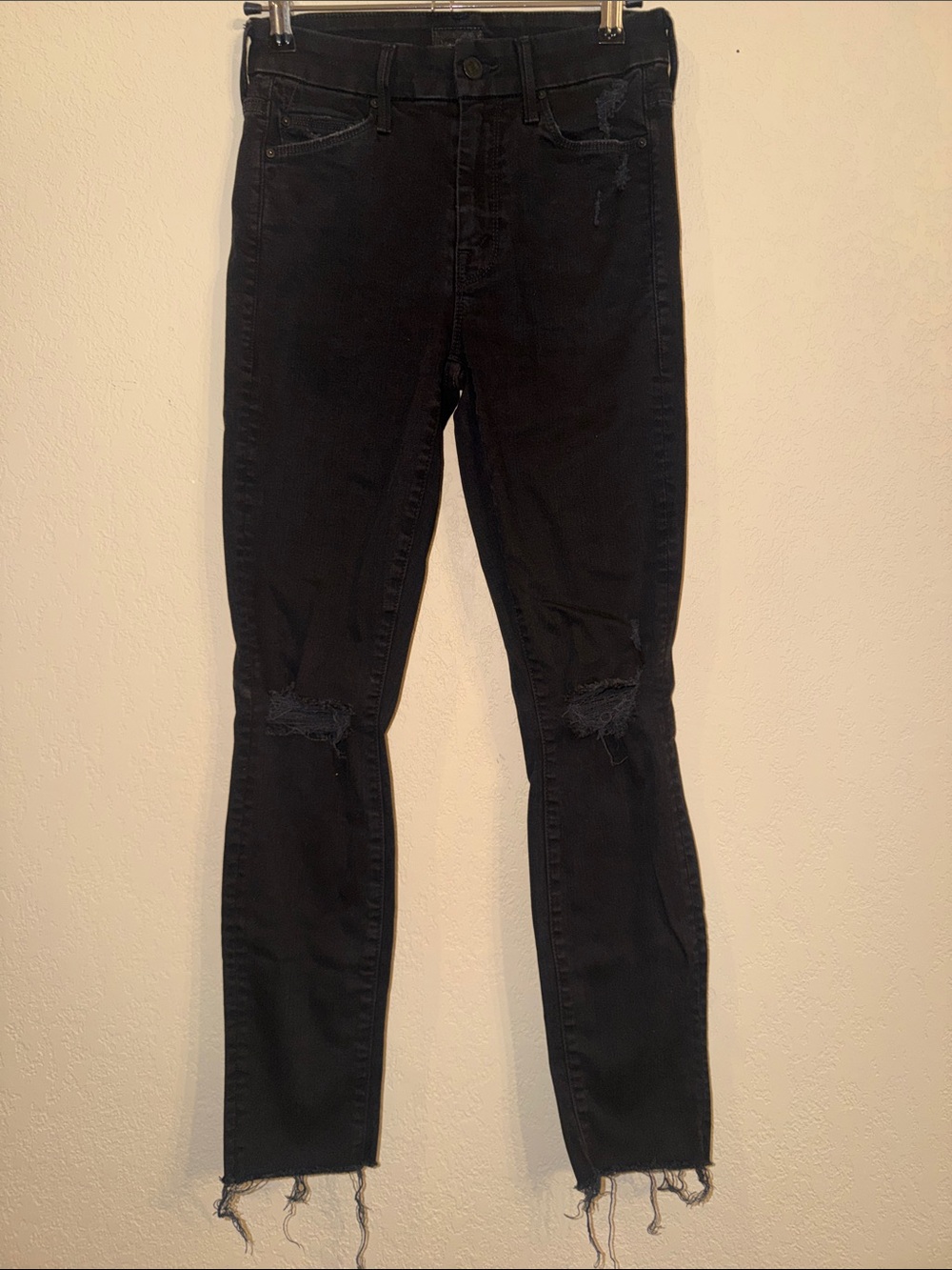 Mother the Looker Ankle Fray Black Distressed Skinny Jeans